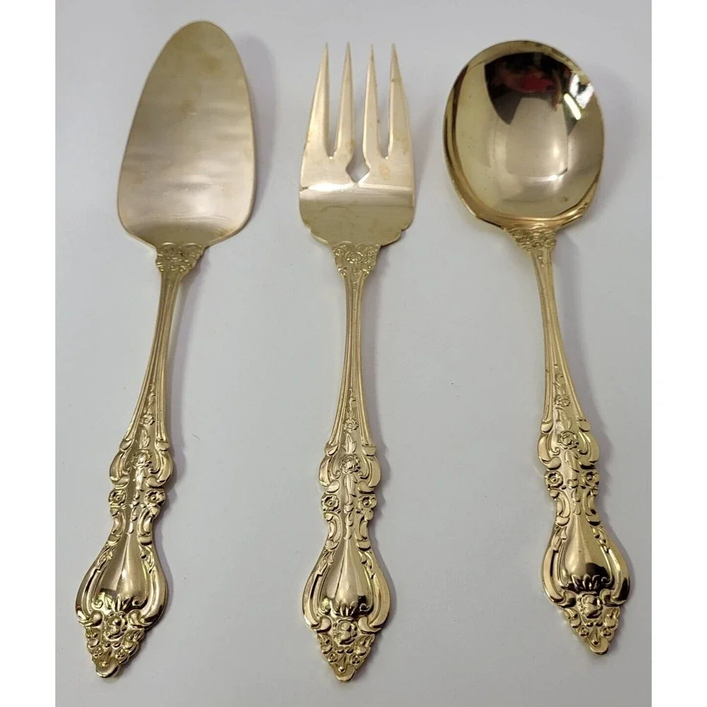 Royal Sealy Gold Plated Stainless Steel Flatware 3 Pc Hostess Set Japan Vintage